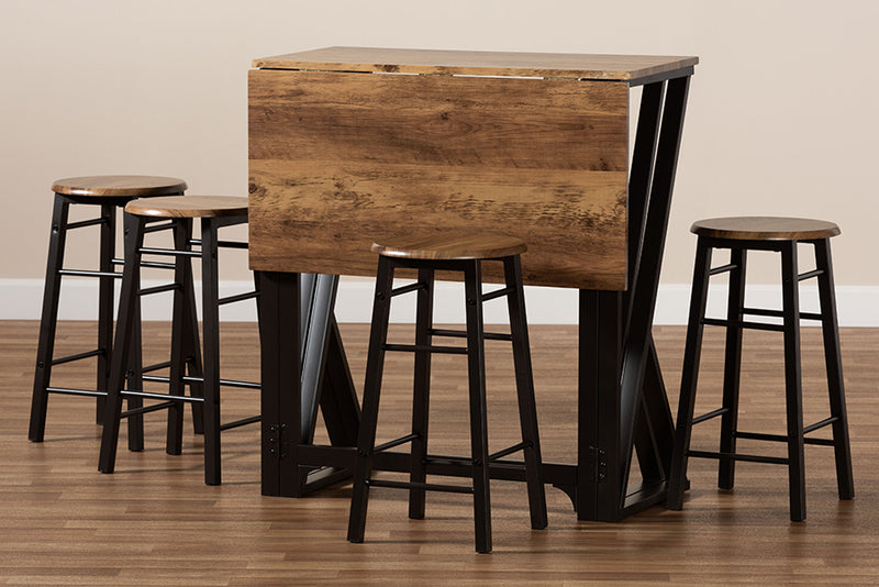 Baxton Studio Richard Industrial and Rustic Walnut Finished Wood and Black Metal 5-Piece Pub Set with Extendable Tabletop