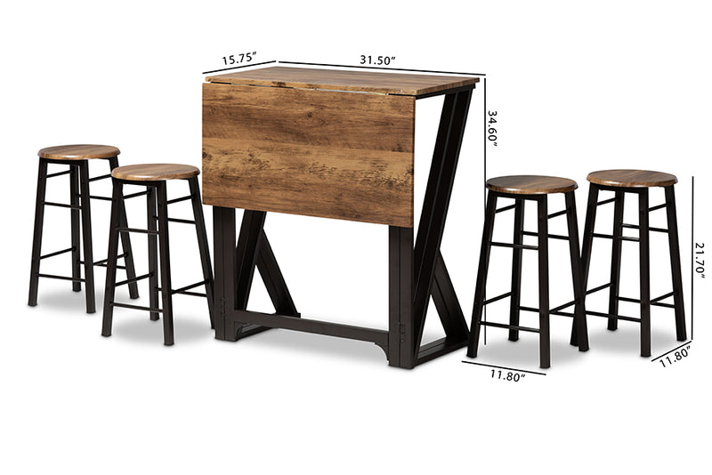 Baxton Studio Richard Industrial and Rustic Walnut Finished Wood and Black Metal 5-Piece Pub Set with Extendable Tabletop