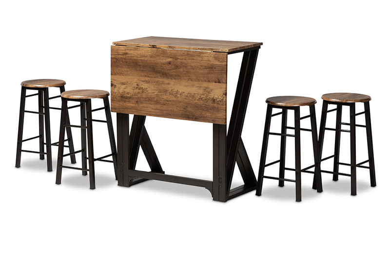 Baxton Studio Richard Industrial and Rustic Walnut Finished Wood and Black Metal 5-Piece Pub Set with Extendable Tabletop