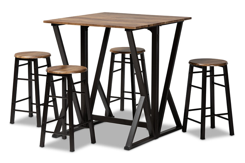 Baxton Studio Richard Industrial and Rustic Walnut Finished Wood and Black Metal 5-Piece Pub Set with Extendable Tabletop