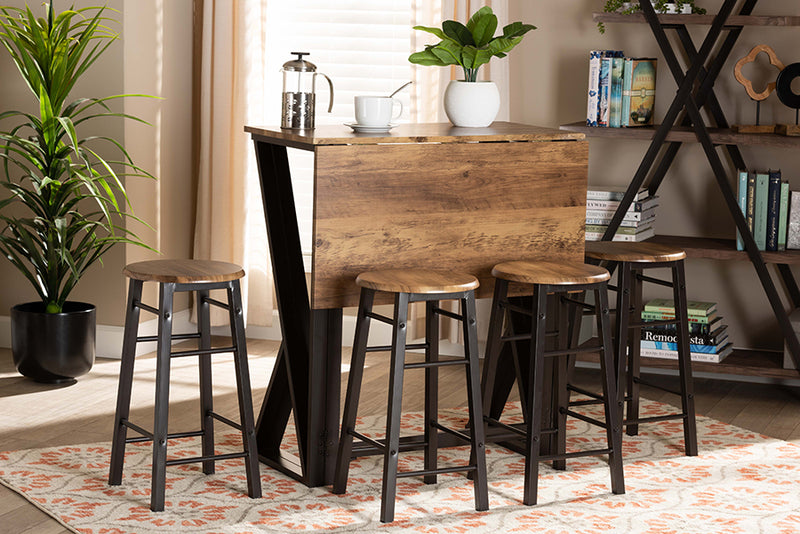Baxton Studio Richard Industrial and Rustic Walnut Finished Wood and Black Metal 5-Piece Pub Set with Extendable Tabletop