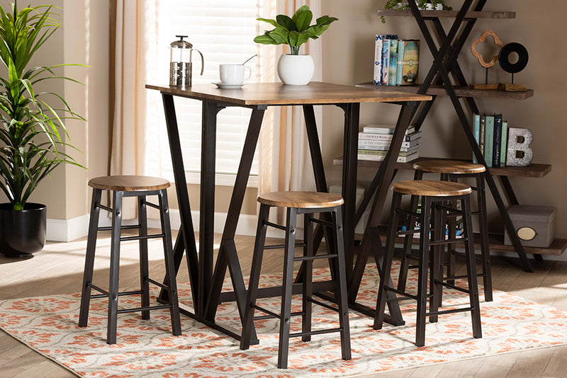 Baxton Studio Richard Industrial and Rustic Walnut Finished Wood and Black Metal 5-Piece Pub Set with Extendable Tabletop