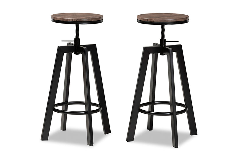 Baxton Studio Maritta Vintage Industrial Rustic Walnut Finished Wood and Black Metal 2-Piece Adjustable Swivel Bar Stool Set