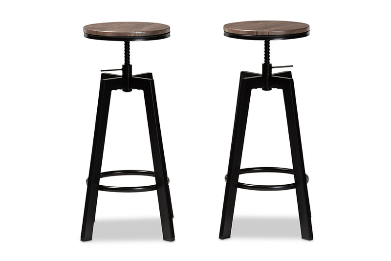 Baxton Studio Maritta Vintage Industrial Rustic Walnut Finished Wood and Black Metal 2-Piece Adjustable Swivel Bar Stool Set