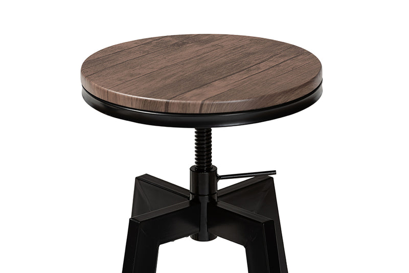 Baxton Studio Maritta Vintage Industrial Rustic Walnut Finished Wood and Black Metal 2-Piece Adjustable Swivel Bar Stool Set