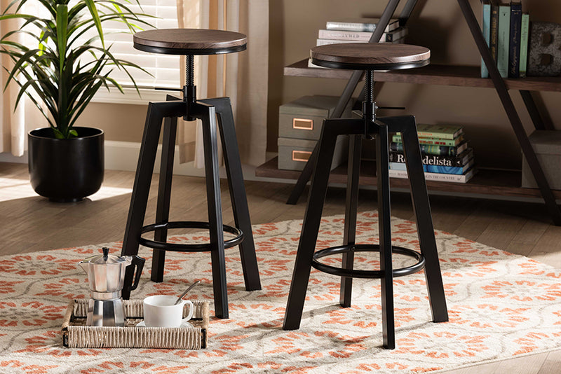 Baxton Studio Maritta Vintage Industrial Rustic Walnut Finished Wood and Black Metal 2-Piece Adjustable Swivel Bar Stool Set