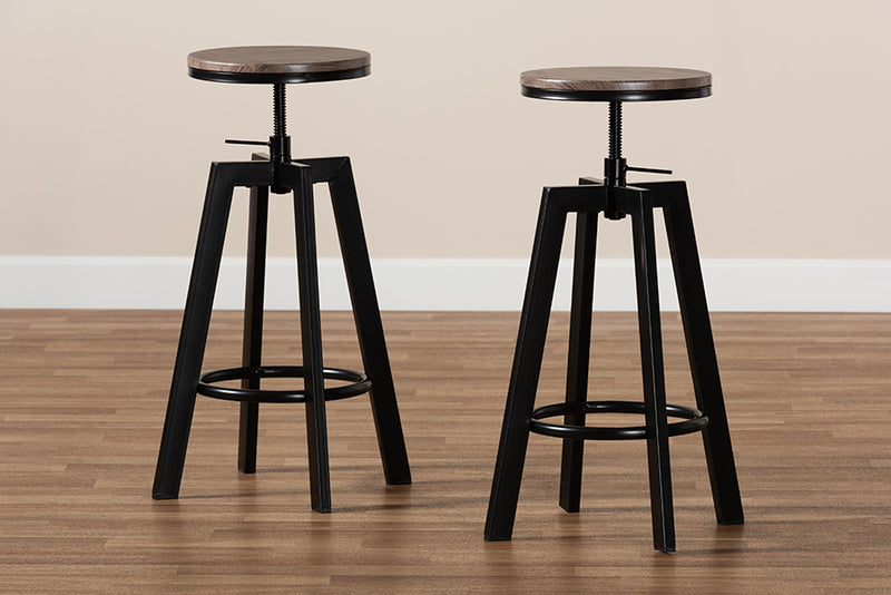 Baxton Studio Maritta Vintage Industrial Rustic Walnut Finished Wood and Black Metal 2-Piece Adjustable Swivel Bar Stool Set