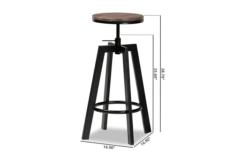 Baxton Studio Maritta Vintage Industrial Rustic Walnut Finished Wood and Black Metal 2-Piece Adjustable Swivel Bar Stool Set