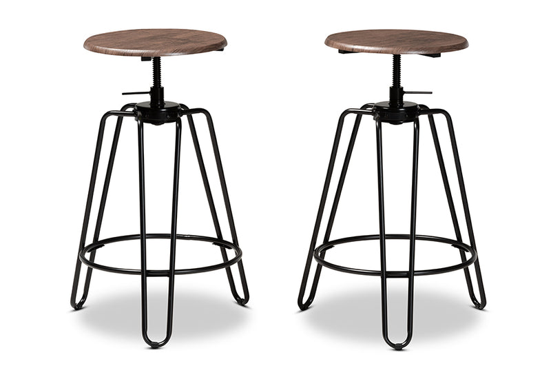Baxton Studio Veera Vintage Industrial Rustic Walnut Finished Wood and Black Metal 2-Piece Adjustable Swivel Bar Stool Set