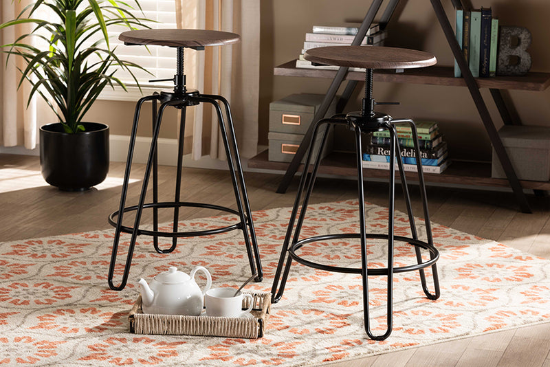 Baxton Studio Veera Vintage Industrial Rustic Walnut Finished Wood and Black Metal 2-Piece Adjustable Swivel Bar Stool Set