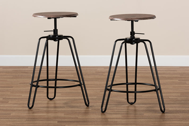 Baxton Studio Veera Vintage Industrial Rustic Walnut Finished Wood and Black Metal 2-Piece Adjustable Swivel Bar Stool Set