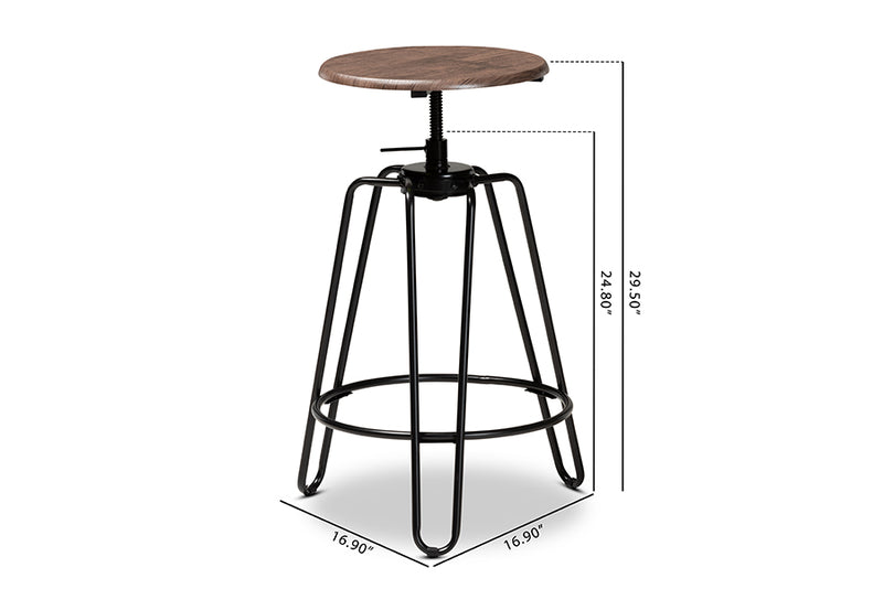 Baxton Studio Veera Vintage Industrial Rustic Walnut Finished Wood and Black Metal 2-Piece Adjustable Swivel Bar Stool Set