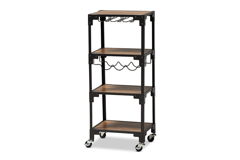 Baxton Studio Victor Industrial Rustic Walnut Finished Wood and Black Metal 4-Tier Mobile Wine Cart