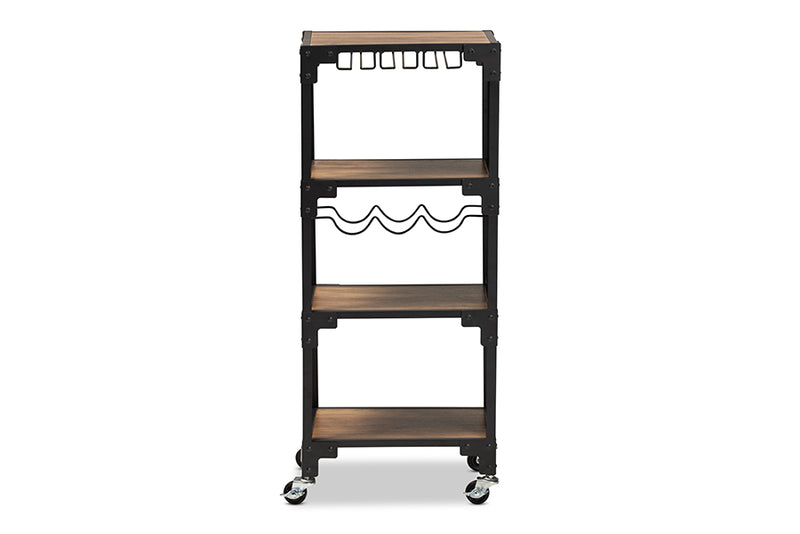 Baxton Studio Victor Industrial Rustic Walnut Finished Wood and Black Metal 4-Tier Mobile Wine Cart