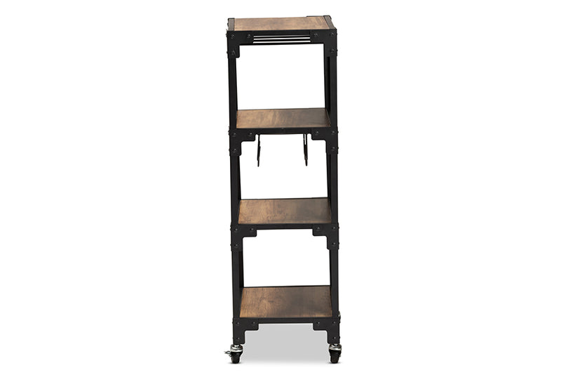 Baxton Studio Victor Industrial Rustic Walnut Finished Wood and Black Metal 4-Tier Mobile Wine Cart