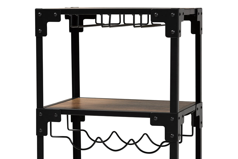 Baxton Studio Victor Industrial Rustic Walnut Finished Wood and Black Metal 4-Tier Mobile Wine Cart