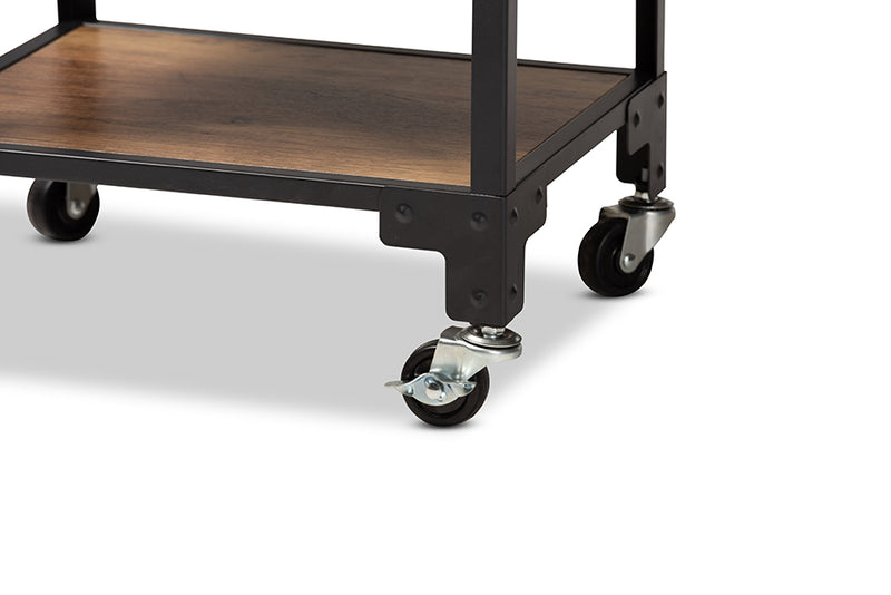 Baxton Studio Victor Industrial Rustic Walnut Finished Wood and Black Metal 4-Tier Mobile Wine Cart