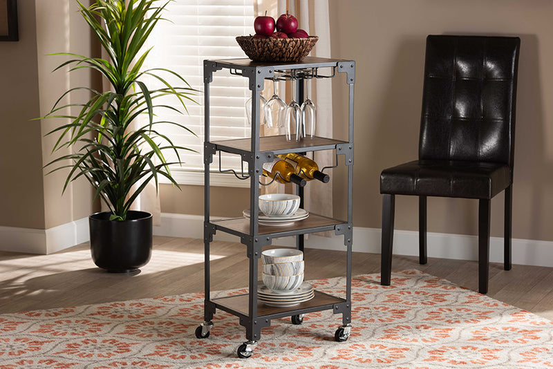 Baxton Studio Victor Industrial Rustic Walnut Finished Wood and Black Metal 4-Tier Mobile Wine Cart