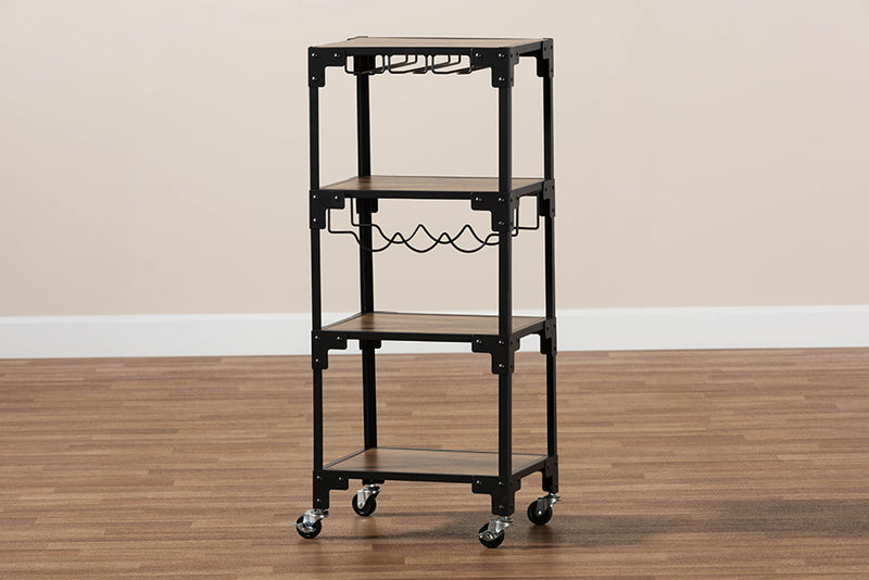Baxton Studio Victor Industrial Rustic Walnut Finished Wood and Black Metal 4-Tier Mobile Wine Cart