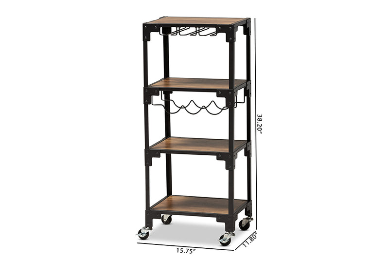 Baxton Studio Victor Industrial Rustic Walnut Finished Wood and Black Metal 4-Tier Mobile Wine Cart
