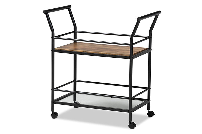 Baxton Studio Valora Industrial Rustic Walnut Finished Wood and Black Metal 2-Tier Mobile Wine Cart