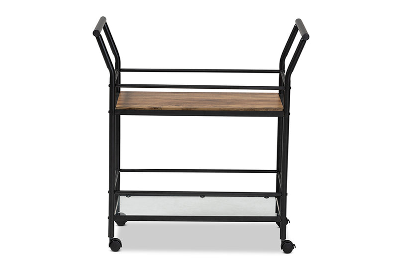 Baxton Studio Valora Industrial Rustic Walnut Finished Wood and Black Metal 2-Tier Mobile Wine Cart