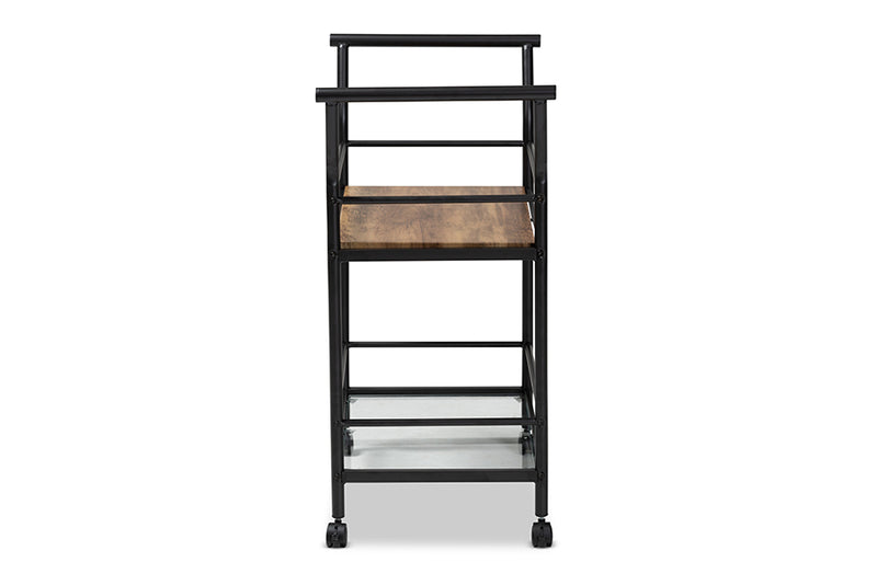 Baxton Studio Valora Industrial Rustic Walnut Finished Wood and Black Metal 2-Tier Mobile Wine Cart