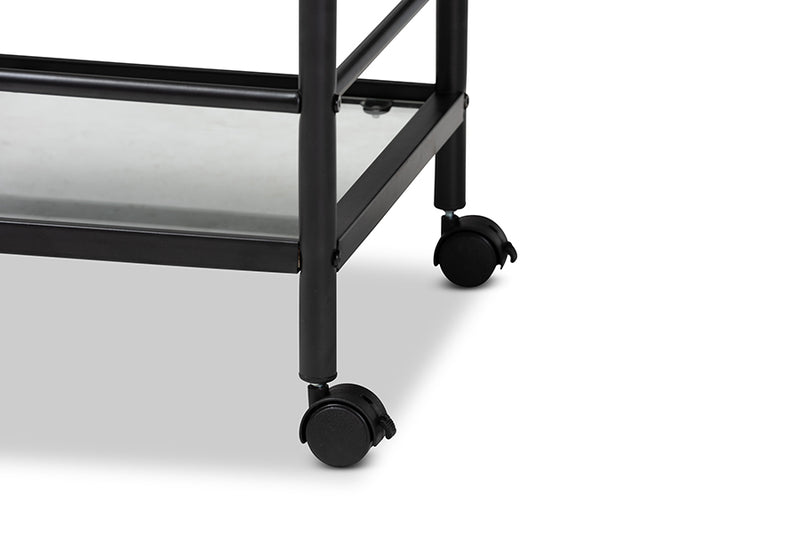 Baxton Studio Valora Industrial Rustic Walnut Finished Wood and Black Metal 2-Tier Mobile Wine Cart