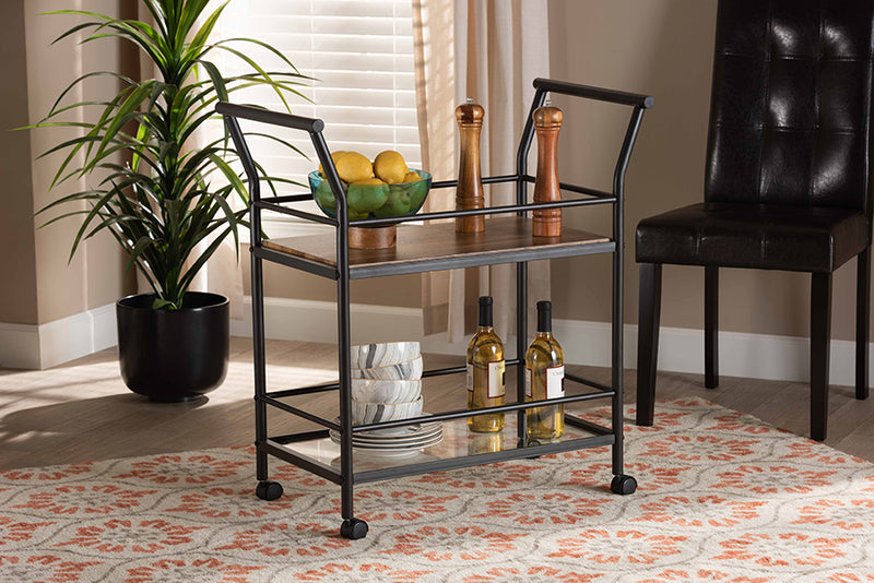 Baxton Studio Valora Industrial Rustic Walnut Finished Wood and Black Metal 2-Tier Mobile Wine Cart