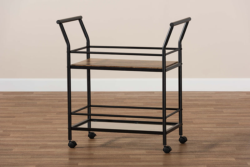 Baxton Studio Valora Industrial Rustic Walnut Finished Wood and Black Metal 2-Tier Mobile Wine Cart