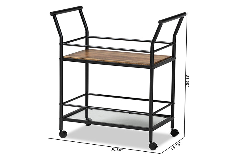 Baxton Studio Valora Industrial Rustic Walnut Finished Wood and Black Metal 2-Tier Mobile Wine Cart