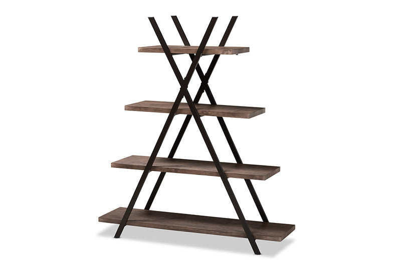 Baxton Studio Fiera Industrial Rustic Walnut Finished Wood and Black Metal 4-Tier Living Room Display Shelf