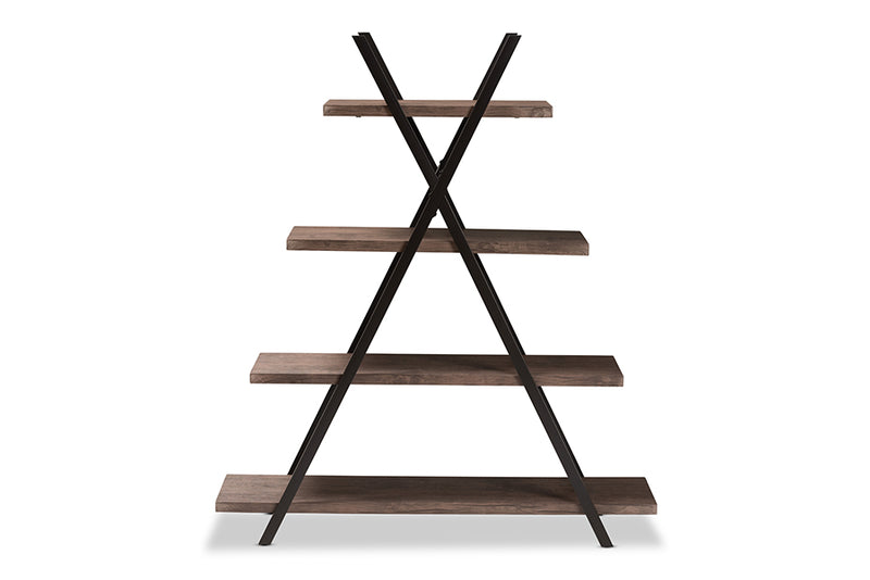 Baxton Studio Fiera Industrial Rustic Walnut Finished Wood and Black Metal 4-Tier Living Room Display Shelf
