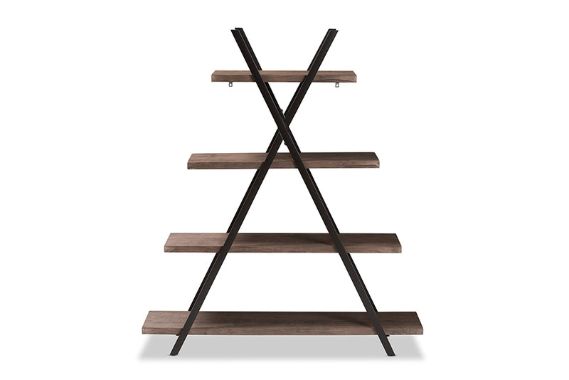 Baxton Studio Fiera Industrial Rustic Walnut Finished Wood and Black Metal 4-Tier Living Room Display Shelf