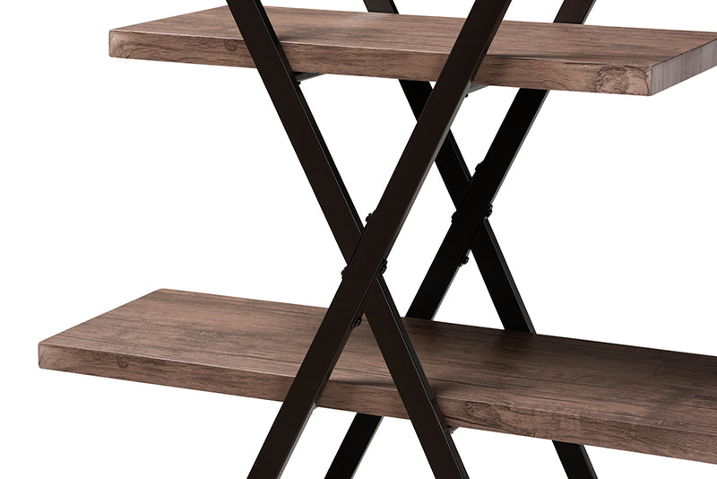 Baxton Studio Fiera Industrial Rustic Walnut Finished Wood and Black Metal 4-Tier Living Room Display Shelf