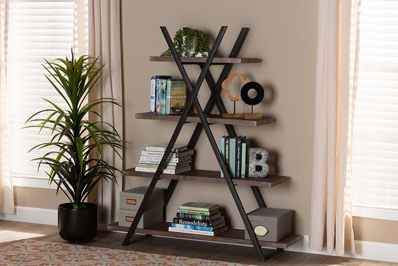 Baxton Studio Fiera Industrial Rustic Walnut Finished Wood and Black Metal 4-Tier Living Room Display Shelf
