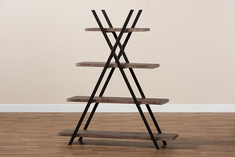 Baxton Studio Fiera Industrial Rustic Walnut Finished Wood and Black Metal 4-Tier Living Room Display Shelf