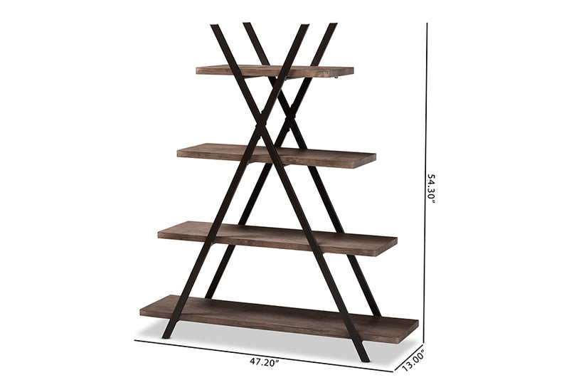 Baxton Studio Fiera Industrial Rustic Walnut Finished Wood and Black Metal 4-Tier Living Room Display Shelf