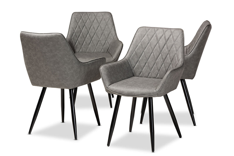 Baxton Studio Astrid Mid-Century Contemporary Grey Faux Leather Upholstered and Black Metal 4-Piece Dining Chair Set