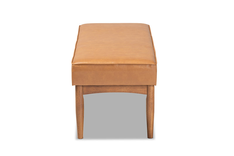 Baxton Studio Arvid Mid-Century Modern Tan Faux Leather Upholstered and Walnut Brown Finished Wood Dining Bench