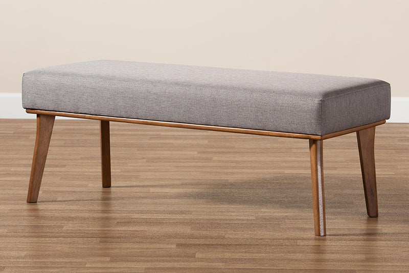 Baxton Studio Odessa Mid-Century Modern Grey Fabric Upholstered and Walnut Brown Finished Wood Dining Bench