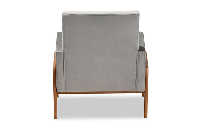 Baxton Studio Perris Mid-Century Modern Grey Velvet Fabric Upholstered and Walnut Brown Finished Wood Lounge Chair