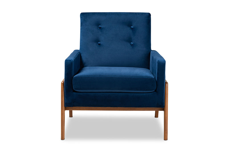 Baxton Studio Perris Mid-Century Modern Navy Blue Velvet Fabric Upholstered and Walnut Brown Finished Wood Lounge Chair
