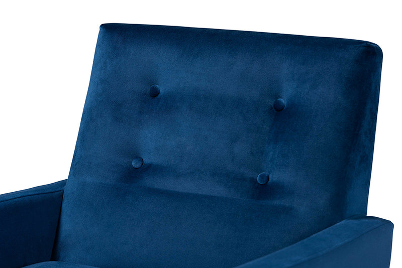 Baxton Studio Perris Mid-Century Modern Navy Blue Velvet Fabric Upholstered and Walnut Brown Finished Wood Lounge Chair