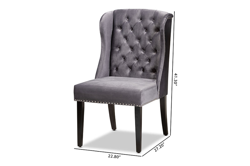Baxton Studio Lamont Modern Contemporary Transitional Grey Velvet Fabric Upholstered and Dark Brown Finished Wood Wingback Dining Chair