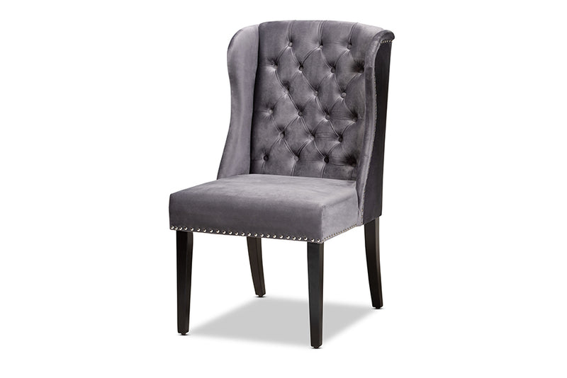Baxton Studio Lamont Modern Contemporary Transitional Grey Velvet Fabric Upholstered and Dark Brown Finished Wood Wingback Dining Chair