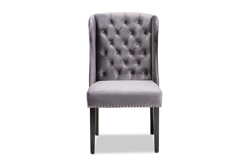 Baxton Studio Lamont Modern Contemporary Transitional Grey Velvet Fabric Upholstered and Dark Brown Finished Wood Wingback Dining Chair