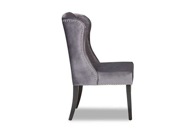 Baxton Studio Lamont Modern Contemporary Transitional Grey Velvet Fabric Upholstered and Dark Brown Finished Wood Wingback Dining Chair