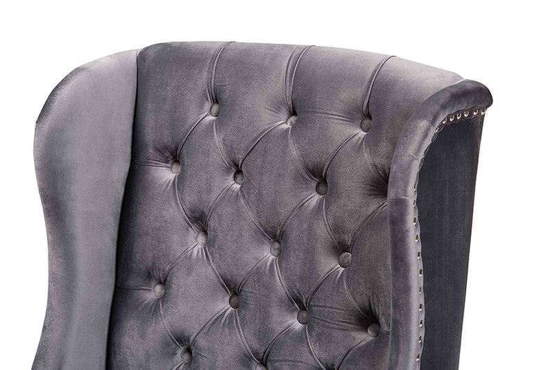 Baxton Studio Lamont Modern Contemporary Transitional Grey Velvet Fabric Upholstered and Dark Brown Finished Wood Wingback Dining Chair