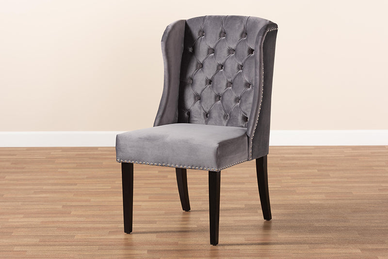 Baxton Studio Lamont Modern Contemporary Transitional Grey Velvet Fabric Upholstered and Dark Brown Finished Wood Wingback Dining Chair